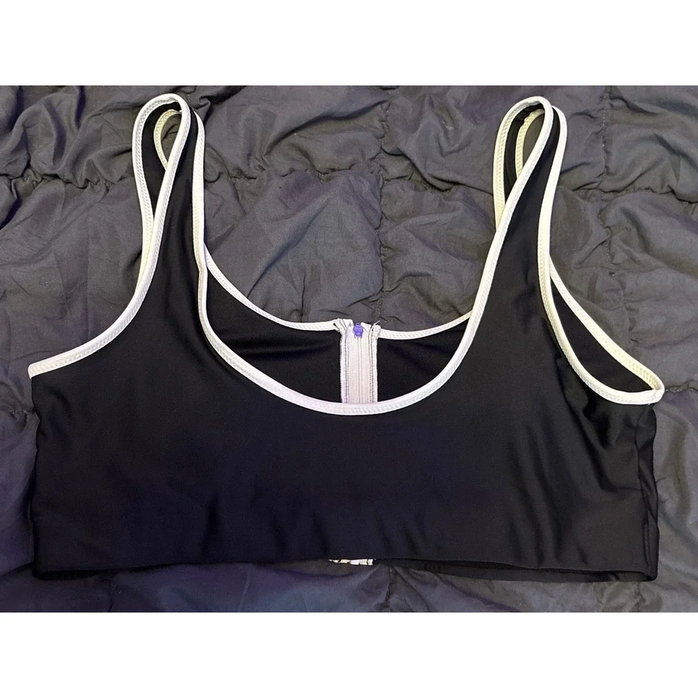 Old Navy Womens Black‎ White Trim Zip Front Bikini Swim Top, Size XL